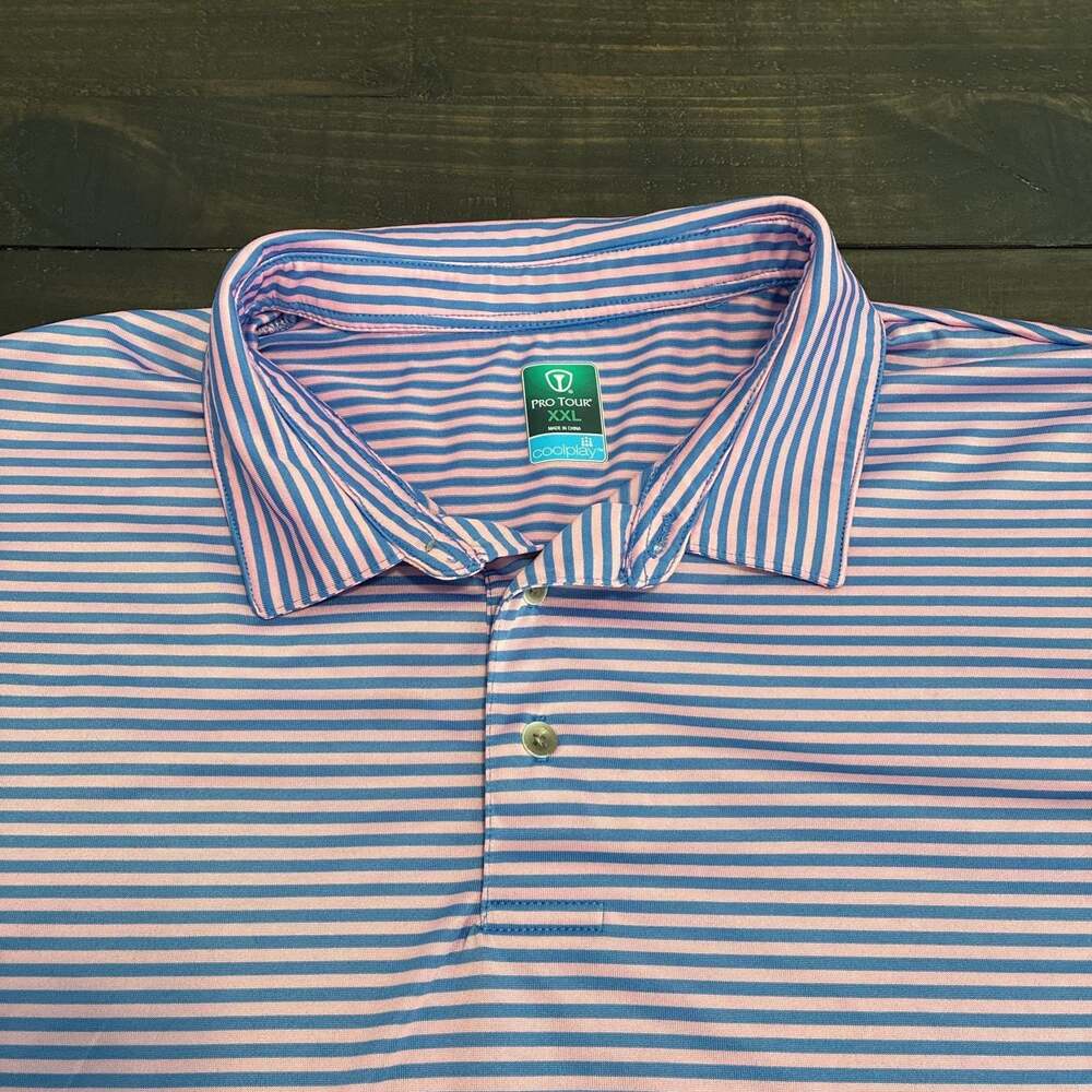 Pro Tour Men's XXL Striped Pink Blue Coolplay Performance Golf Polo Shirt EUC